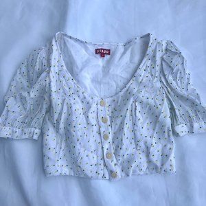 Staud Womens Floral Round Neck Short Puff Sleeved Buttoned Crop Top White Size 4